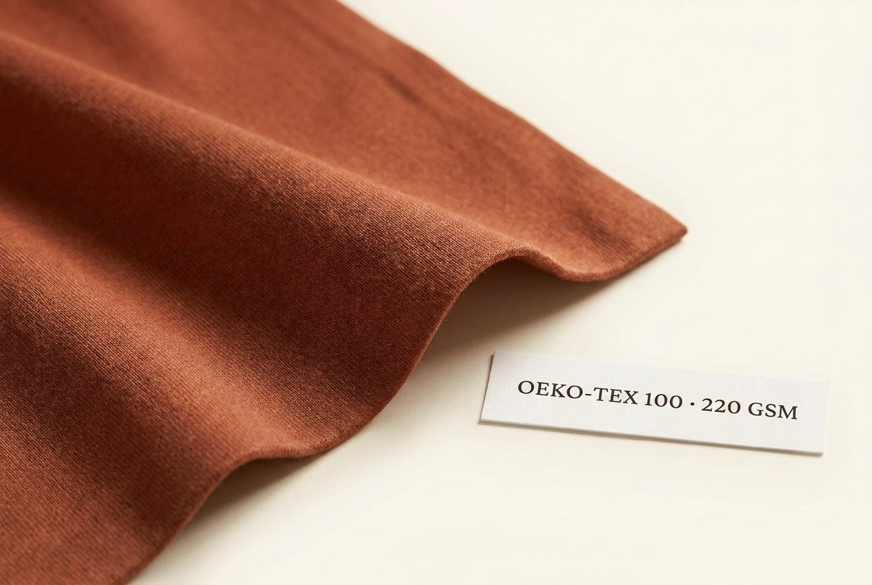 Bamboo lyocell blend fabric in deep terracotta color with OEKO-TEX 100 hangtag — Walundi compression fabric FB-003