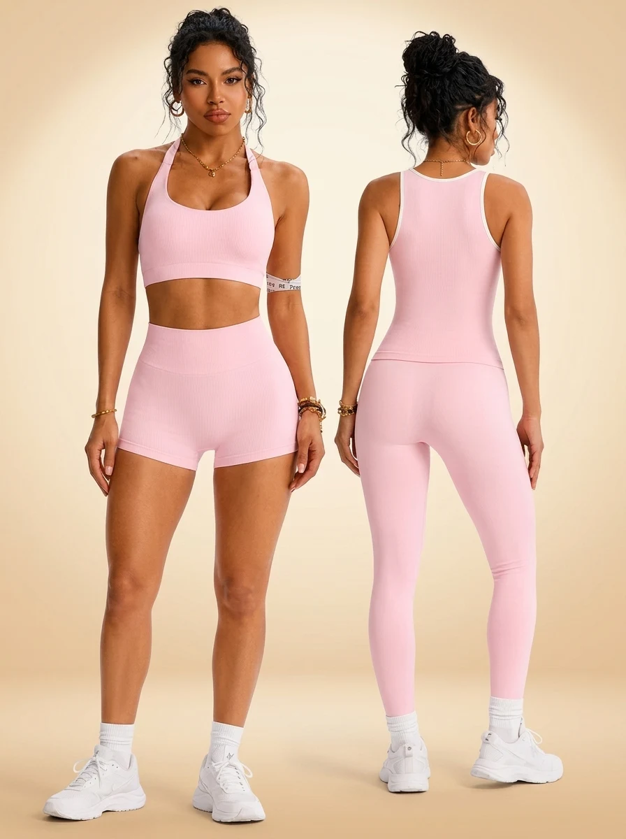 Walundi matching sets — Custom Logo 2 Piece Yoga Set Women Contrast Trim Tank Top and High Waist Shorts Butt Lift 