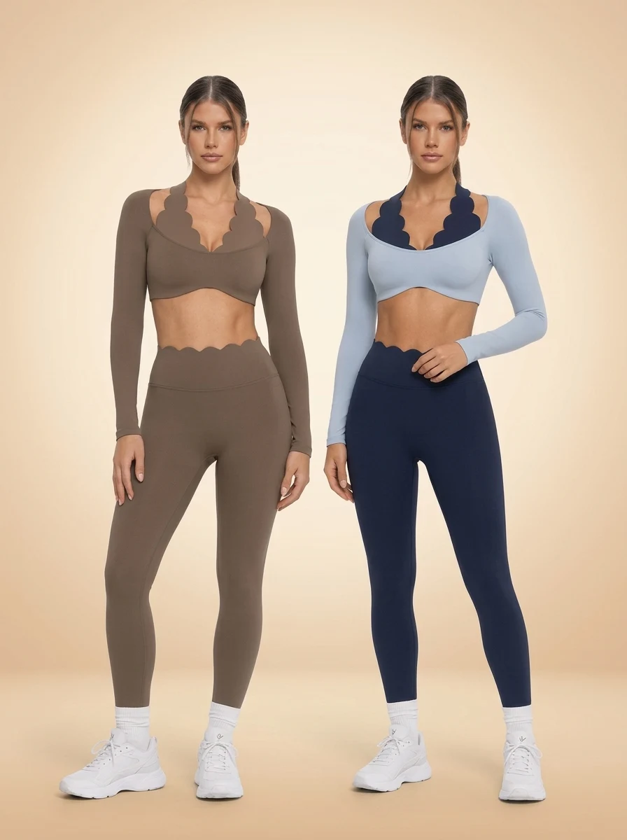 Walundi matching sets — Custom Logo Brushed Lace Splicing Yoga Set 2 Piece Halter Neck Long Sleeve Top and Scallop