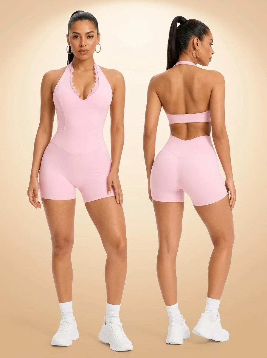 Walundi matching sets — Custom Logo Scalloped Lace Halter Yoga Jumpsuit Women V Neck Backless 1 Piece Workout Romp