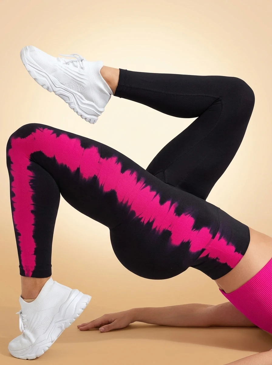 Walundi yoga leggings — High Waist Tie Dye Seamless Yoga Leggings for Women Black with Side Pink Striped Push-up E