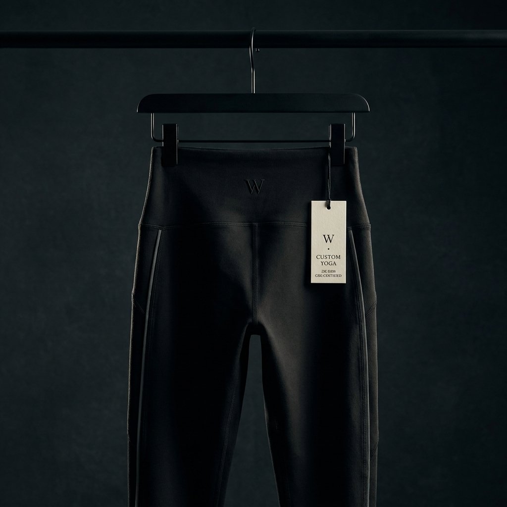 Walundi OEM premium custom yoga leggings — dark ink color with tone-on-tone W logo, side stripe, and branded hangtag