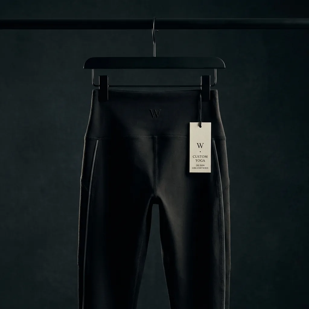 Walundi OEM premium custom yoga leggings — dark ink color with tone-on-tone W logo, side stripe, and branded hangtag