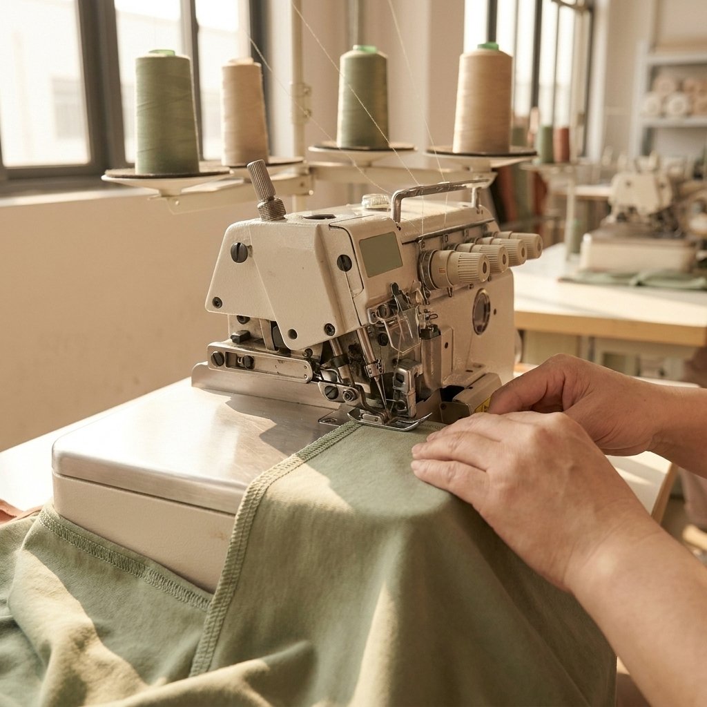 Walundi pattern room — industrial sewing machine with sage thread spools and fabric in progress