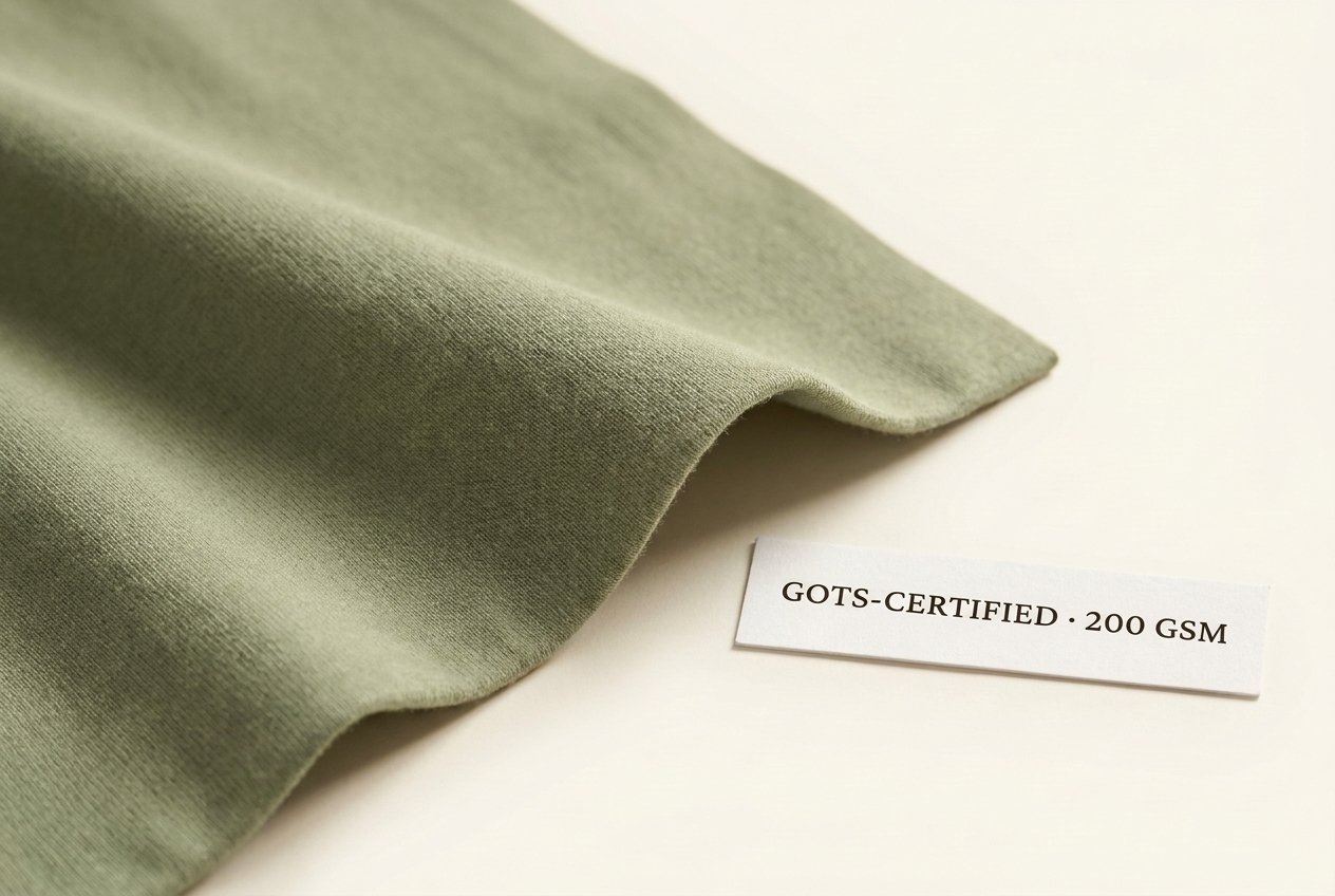 Organic cotton modal blend fabric in sage green with GOTS-certified hangtag — Walundi sustainable fabric FB-002