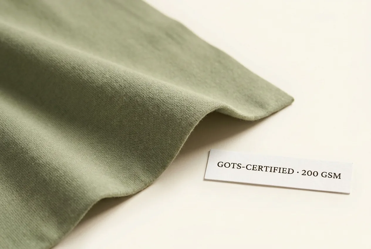 Organic cotton modal blend fabric in sage green with GOTS-certified hangtag — Walundi sustainable fabric FB-002