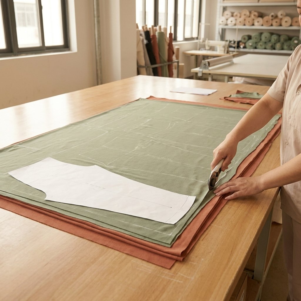 Walundi pattern cutting station — layered sage and terracotta fabric on wooden cutting table with rotary cutter