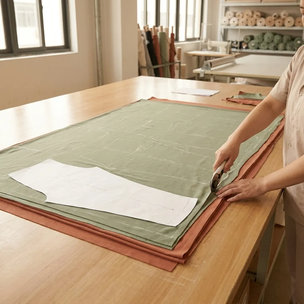 Walundi pattern cutting station — layered sage and terracotta fabric on wooden cutting table with rotary cutter