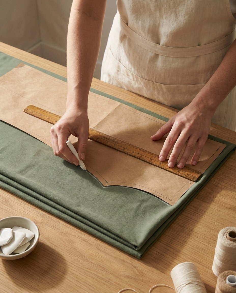 Walundi pattern maker's hands marking sage green fabric on wooden cutting table with chalk and ruler