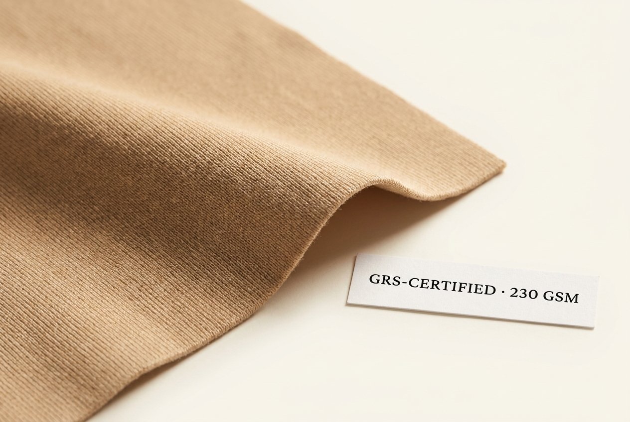 Recycled performance knit fabric in warm sand color with GRS-certified hangtag — Walundi signature fabric FB-001