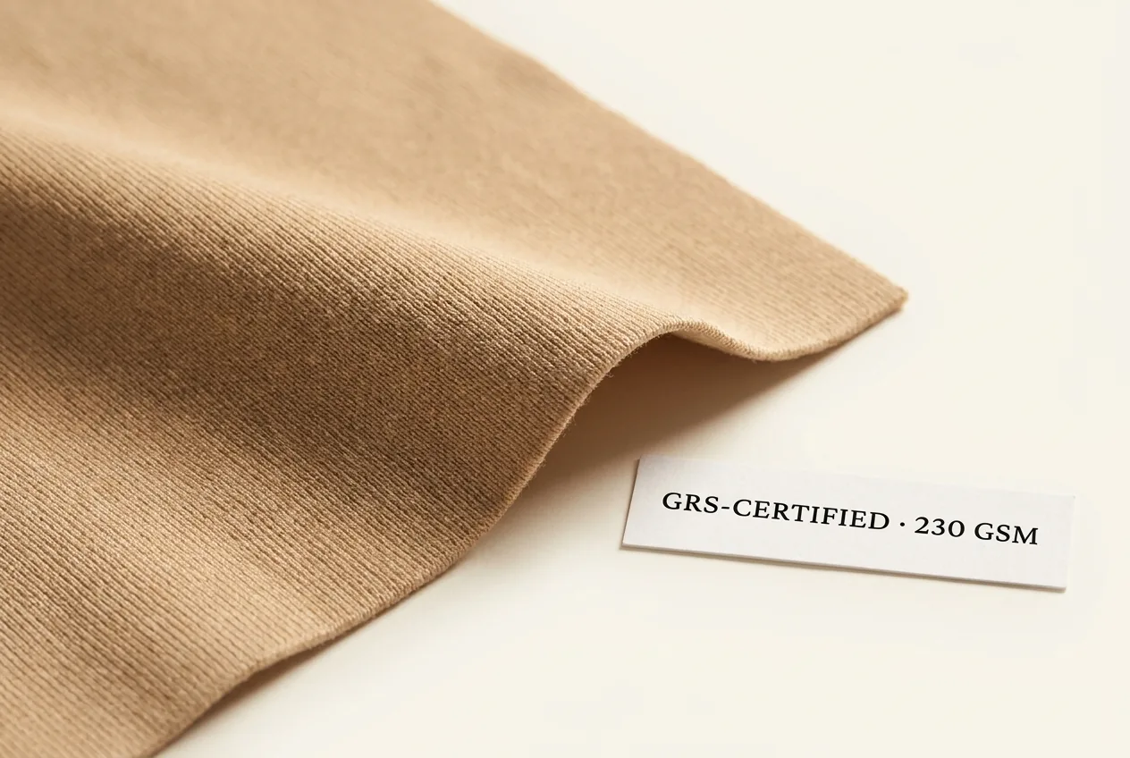 Recycled performance knit fabric in warm sand color with GRS-certified hangtag — Walundi signature fabric FB-001