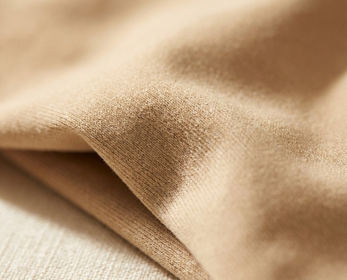 Macro close-up of recycled performance knit fabric texture in warm sand color