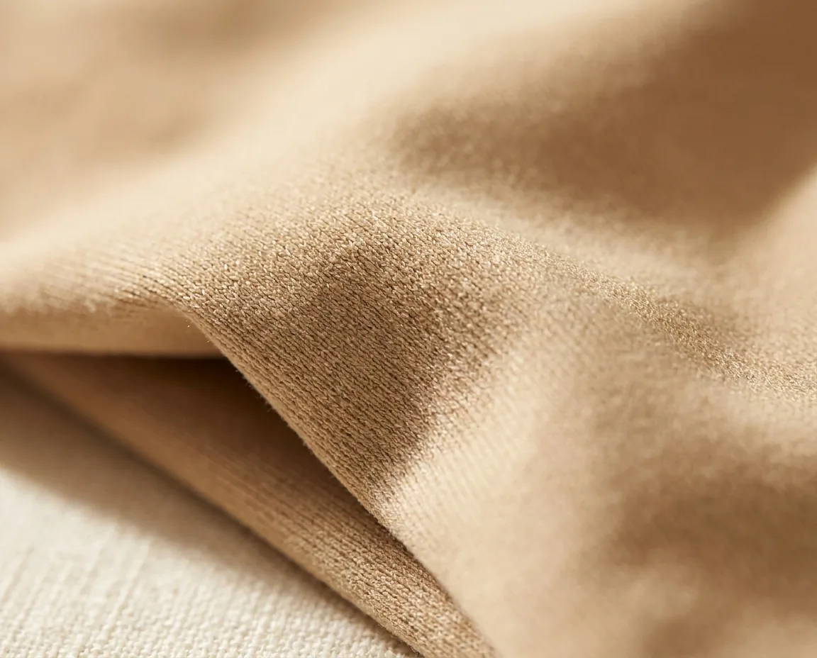 Macro close-up of recycled performance knit fabric texture in warm sand color