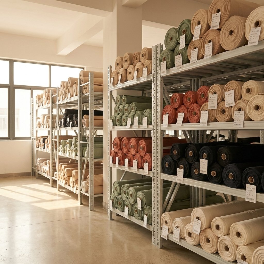 Walundi fabric library — organized shelving with sustainable fabric rolls in sand, sage, terracotta, ink, and cream tones