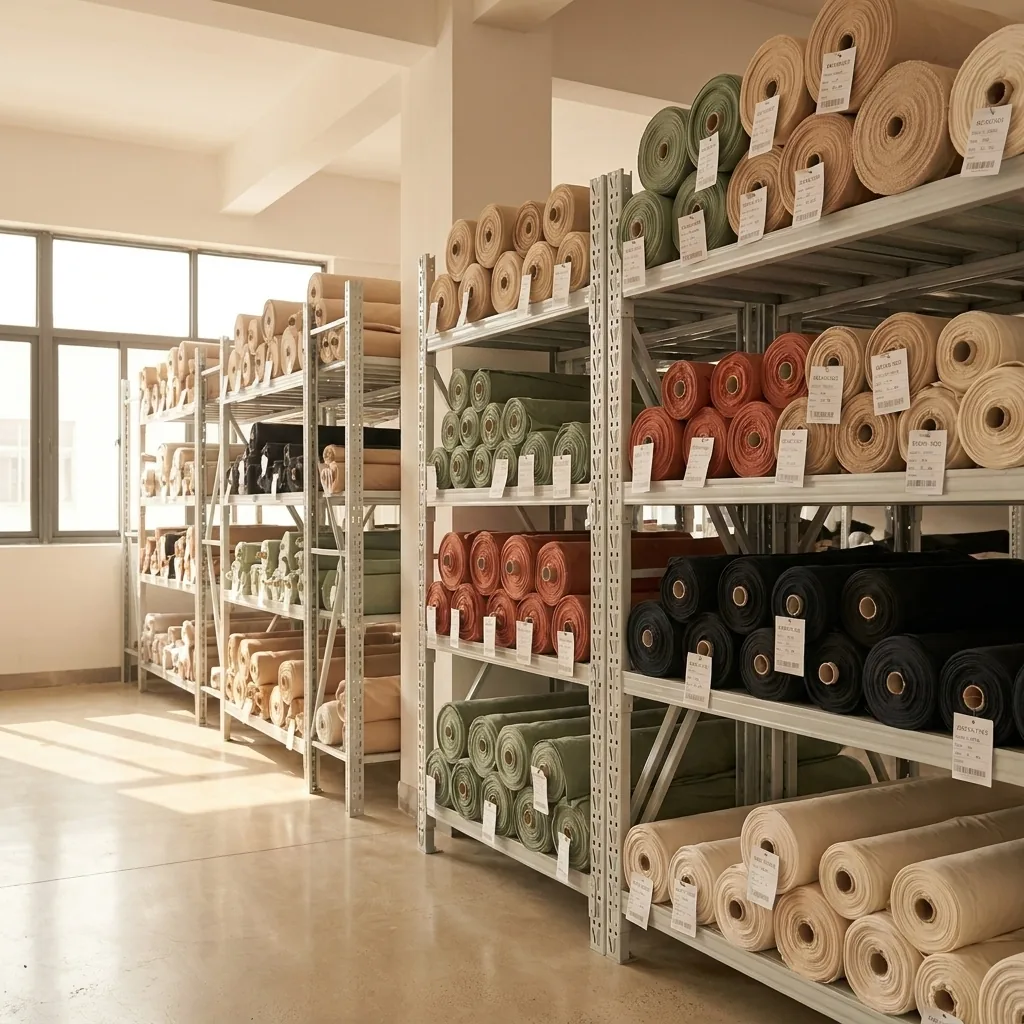 Walundi fabric library — organized shelving with sustainable fabric rolls in sand, sage, terracotta, ink, and cream tones