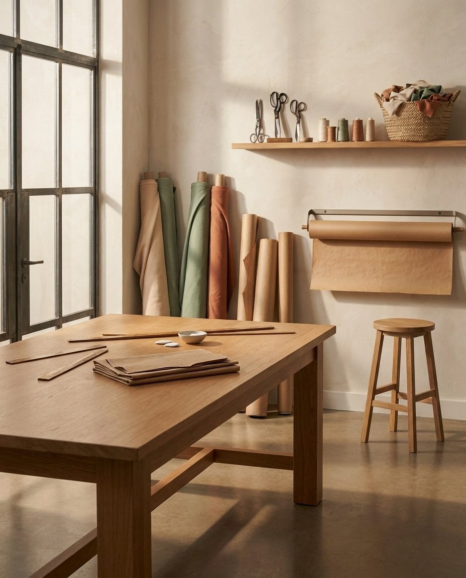 Walundi pattern studio interior — wooden cutting table with fabric rolls in sand, sage, terracotta against natural light from factory windows