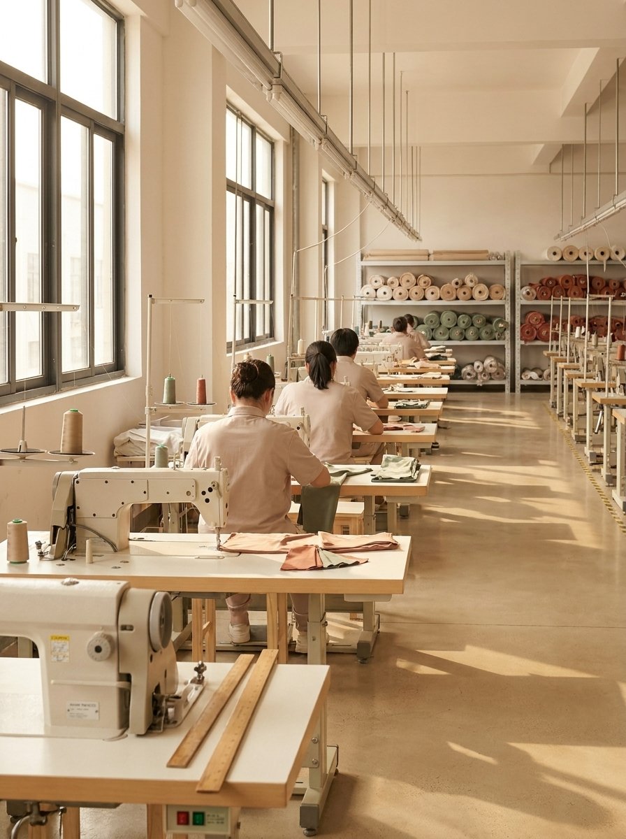 Walundi sewing department — workers at flatlock machines along a sunlit production line in the Yiwu facility