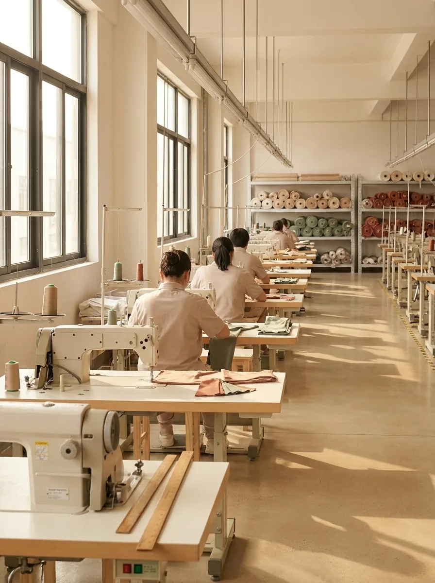 Walundi sewing department — workers at flatlock machines along a sunlit production line in the Yiwu facility