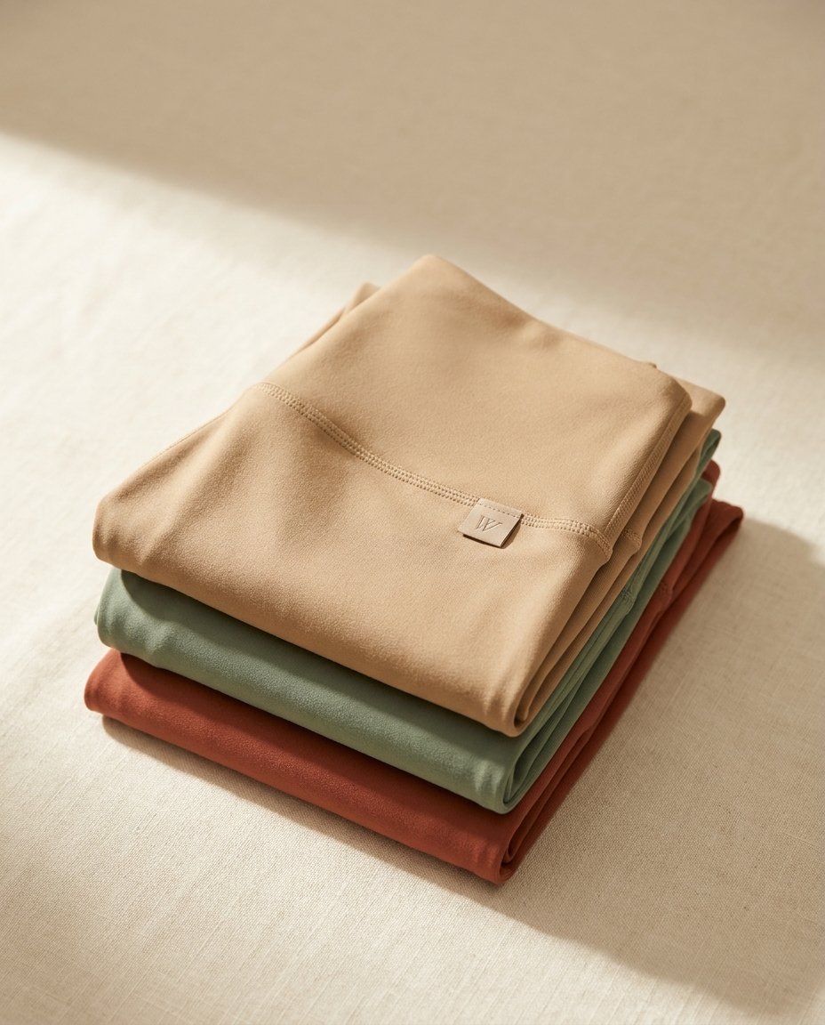 Folded yoga apparel stack in sand, sage, and terracotta tones — editorial product photography by Walundi