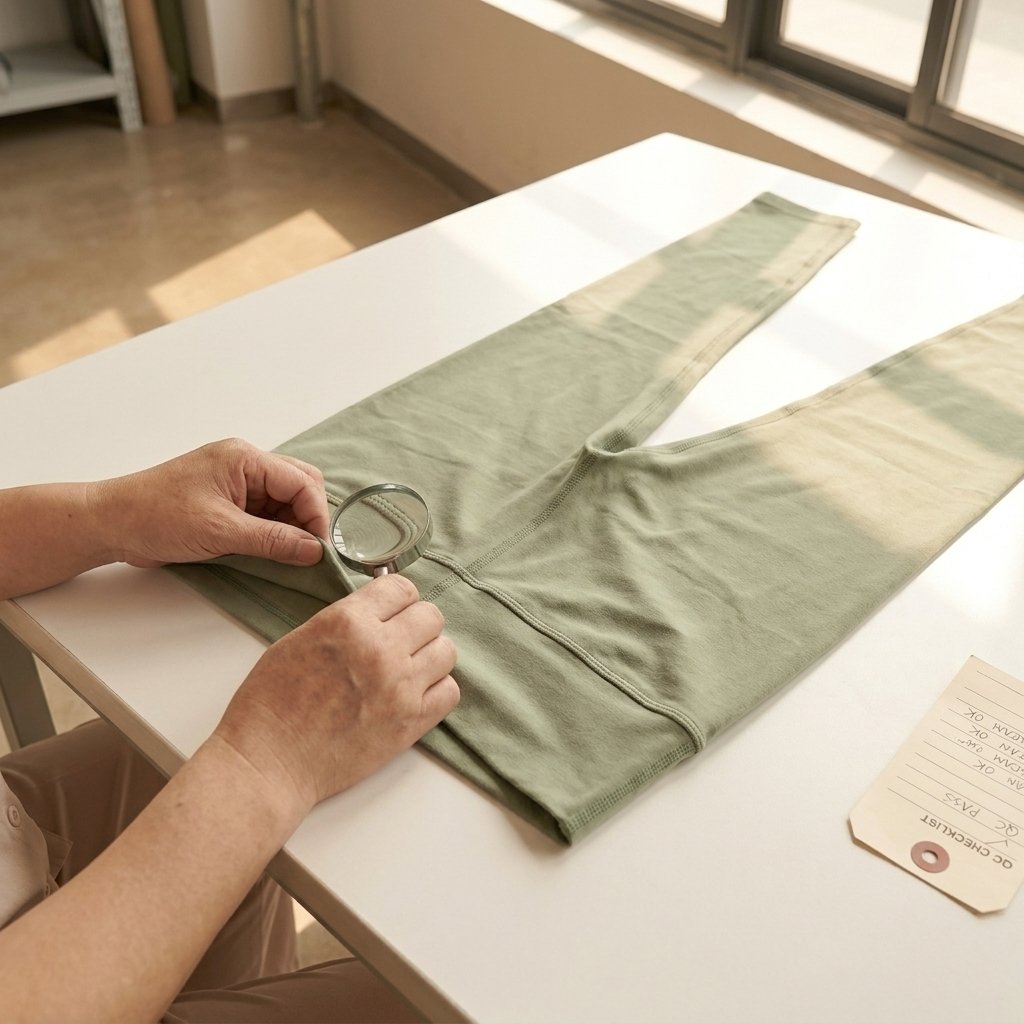 Walundi quality control inspection station — hands examining sage green leggings seam with magnifier and QC checklist