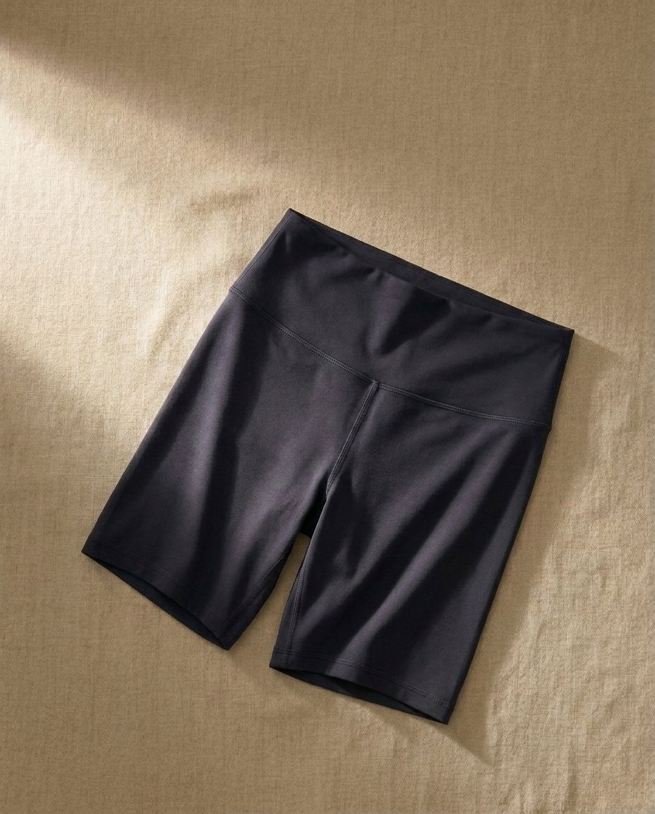 Walundi shorts and skorts collection — deep ink bike shorts on sand linen