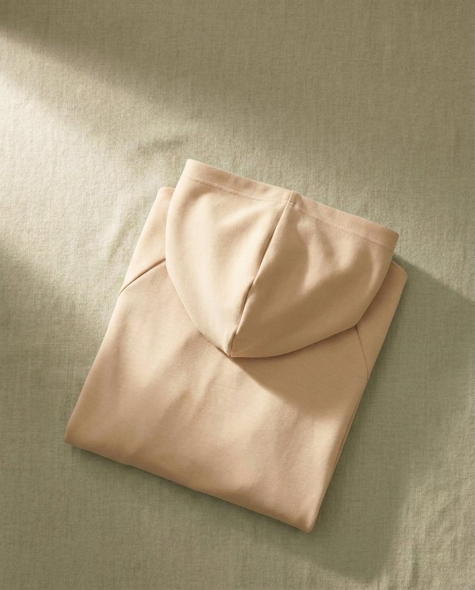 Walundi outerwear collection — folded sand-colored hooded layer with hood detail