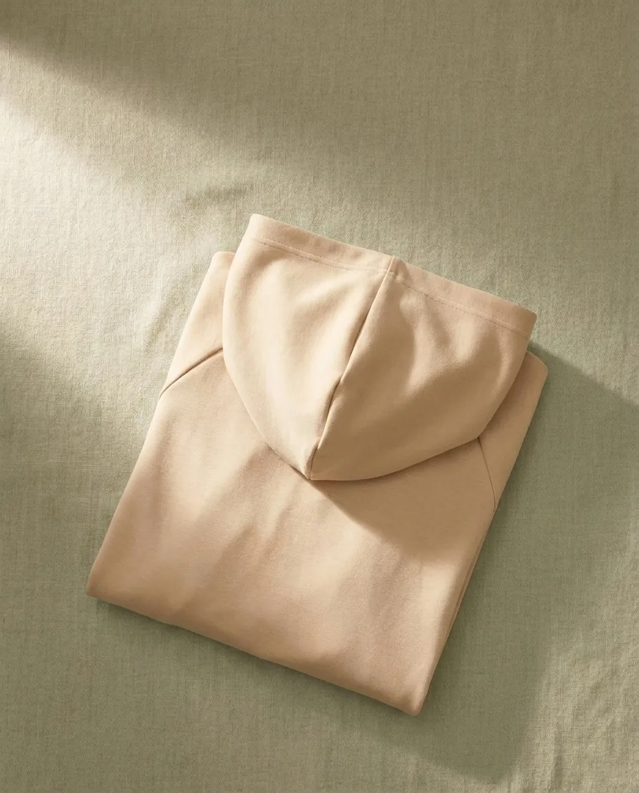Walundi outerwear collection — folded sand-colored hooded layer with hood detail