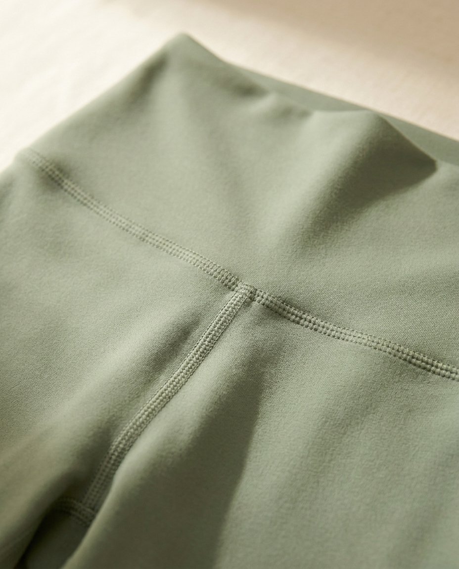 Editorial close-up of yoga leggings flatlock seam construction detail in sage green