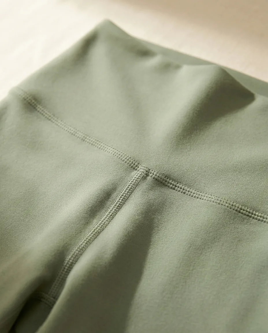 Editorial close-up of yoga leggings flatlock seam construction detail in sage green
