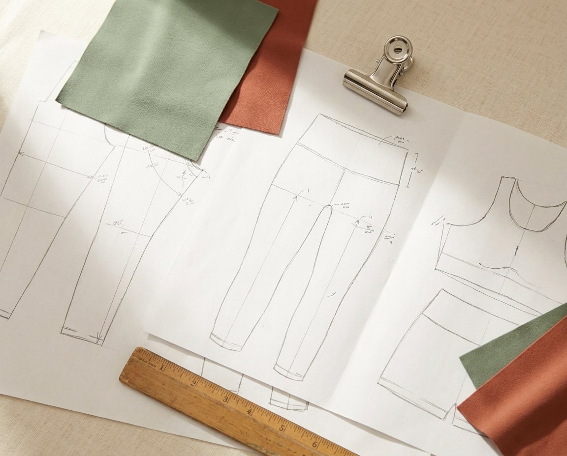 Yoga apparel pattern studio flat-lay with sage and terracotta fabric swatches, pattern paper, and wooden ruler