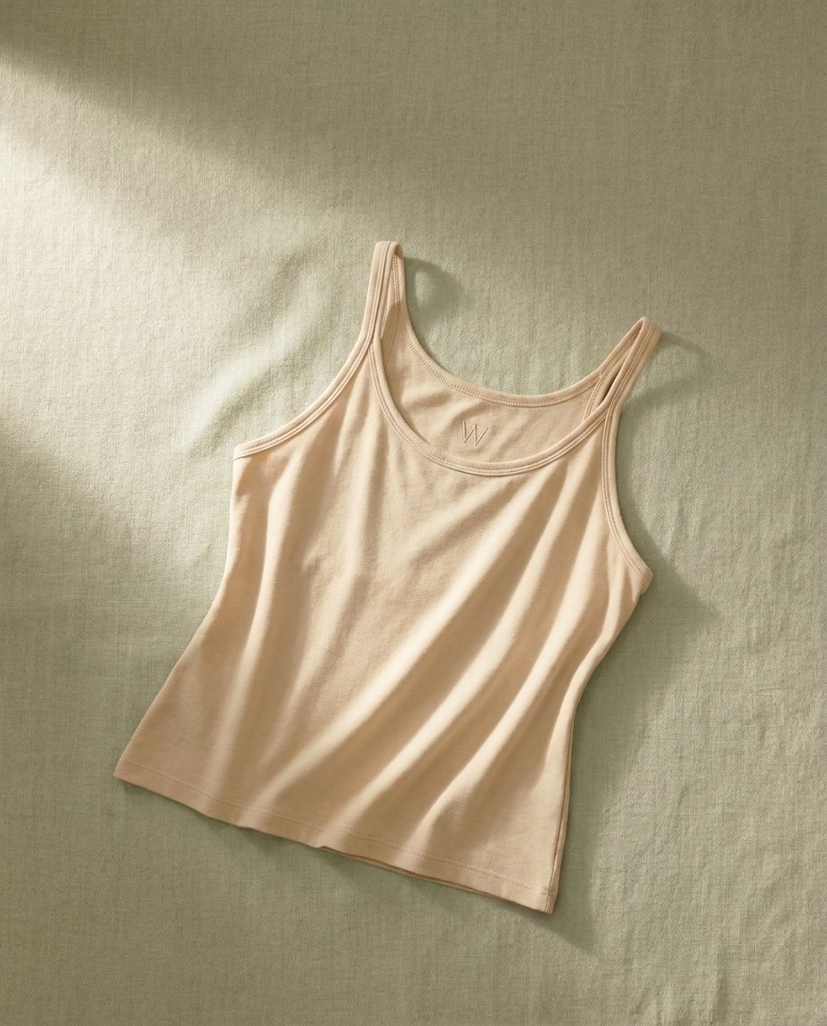 Walundi tops and tanks collection — soft sand-toned organic cotton tank on sage linen