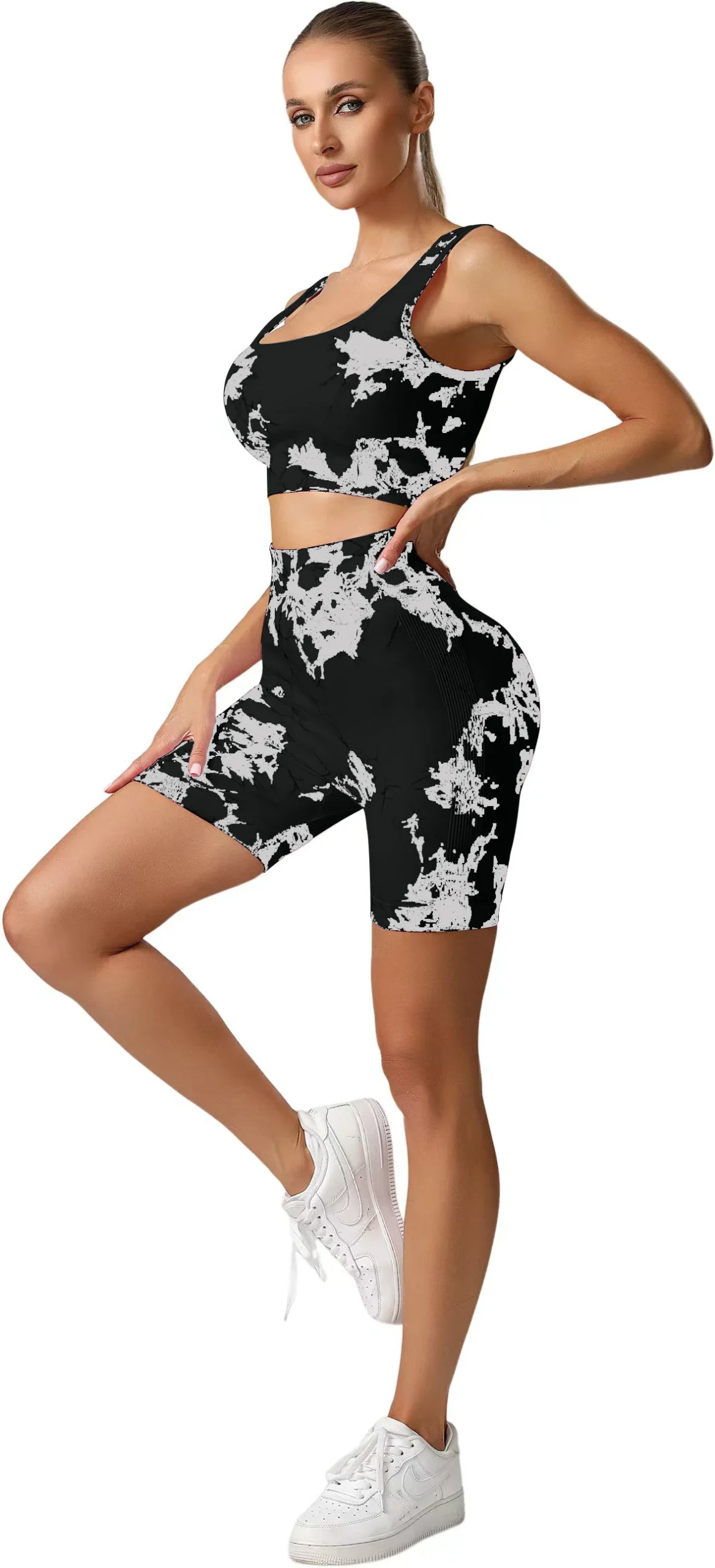 Hot Selling Trendy Multicolour 2 Piece Tie Dye Yoga Set High Waist Seamless Shorts with Sports Bra for Women - Image 2