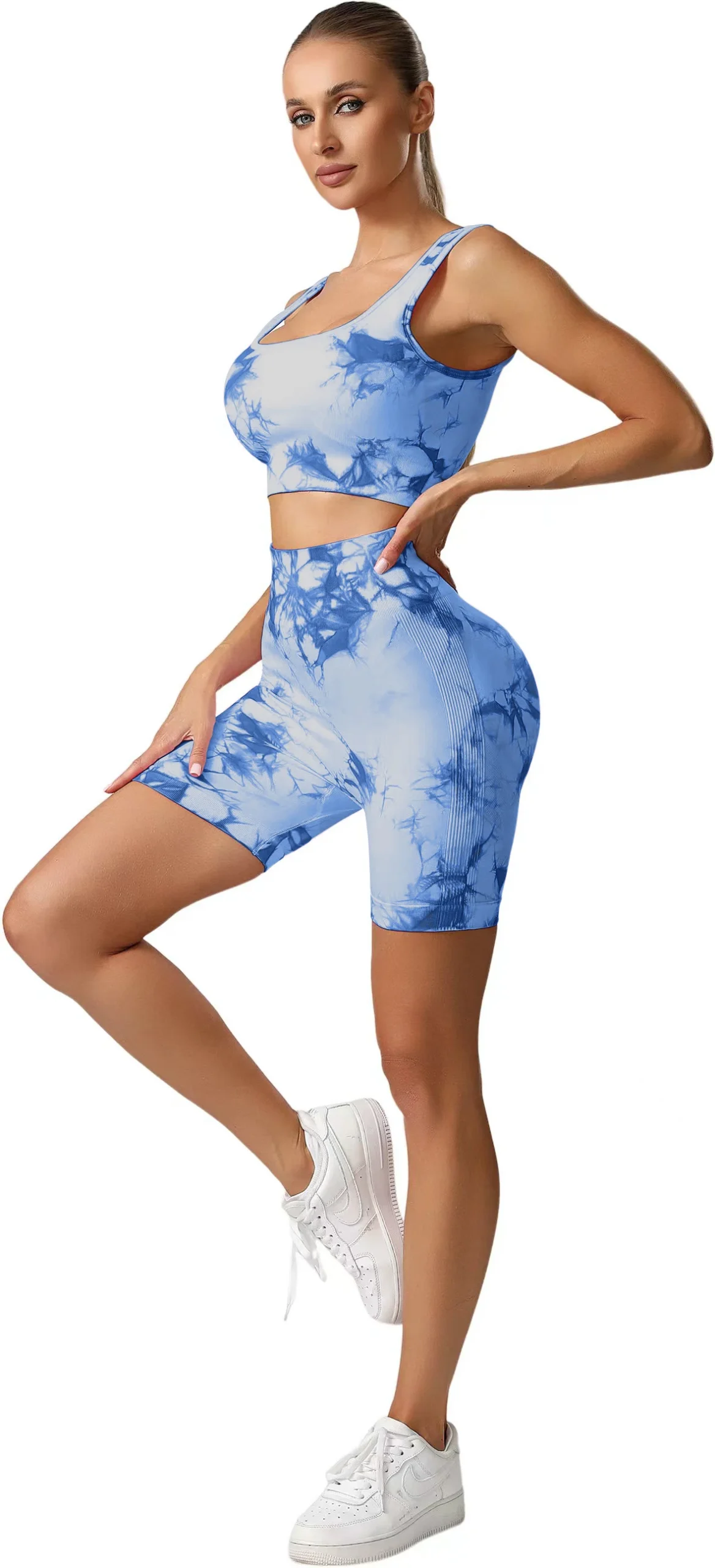 Hot Selling Trendy Multicolour 2 Piece Tie Dye Yoga Set High Waist Seamless Shorts with Sports Bra for Women - Image 5