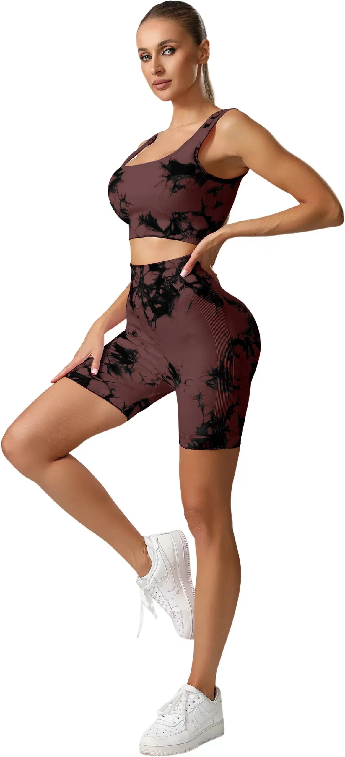 Hot Selling Trendy Multicolour 2 Piece Tie Dye Yoga Set High Waist Seamless Shorts with Sports Bra for Women - Image 4