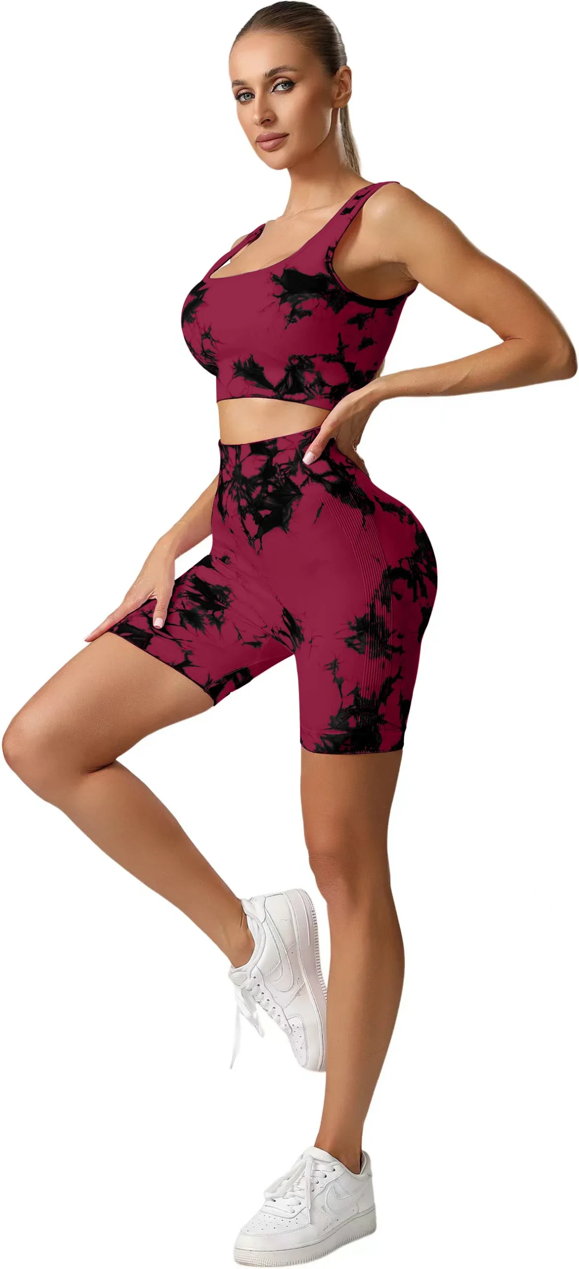 Hot Selling Trendy Multicolour 2 Piece Tie Dye Yoga Set High Waist Seamless Shorts with Sports Bra for Women - Image 3