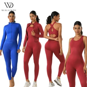 3 Piece Yoga Sets Cross Open Back Jumpsuit with Zip Jacket for Women Fitness Workout Gym Running High Waist Activewear Set