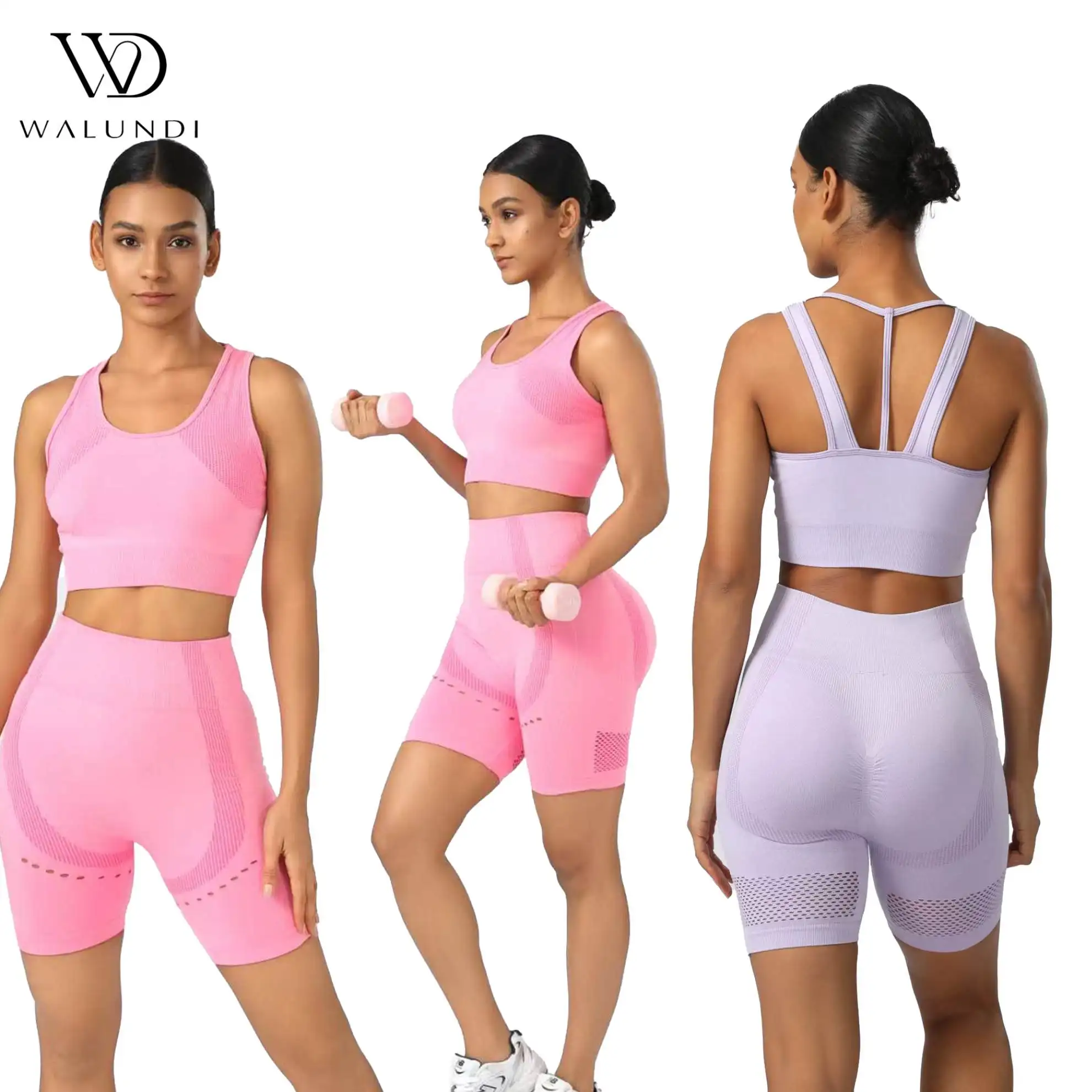 2 Piece Seamless Yoga Set High Waist Mesh Panel Shorts with Strappy Back Sports Bra for Women's Set