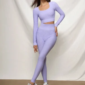 High Waist Leggings and Crop Top Workout Activewear Seamless Ribbed Long Sleeve Yoga Set for Women