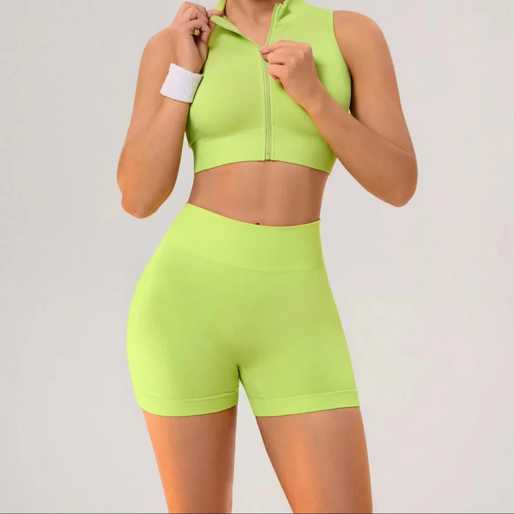 Hot Selling High-Waist Seamless Gym Shorts and Sleeveless Crop Top with Zipper Breathable Activewear Workout Sets for Women