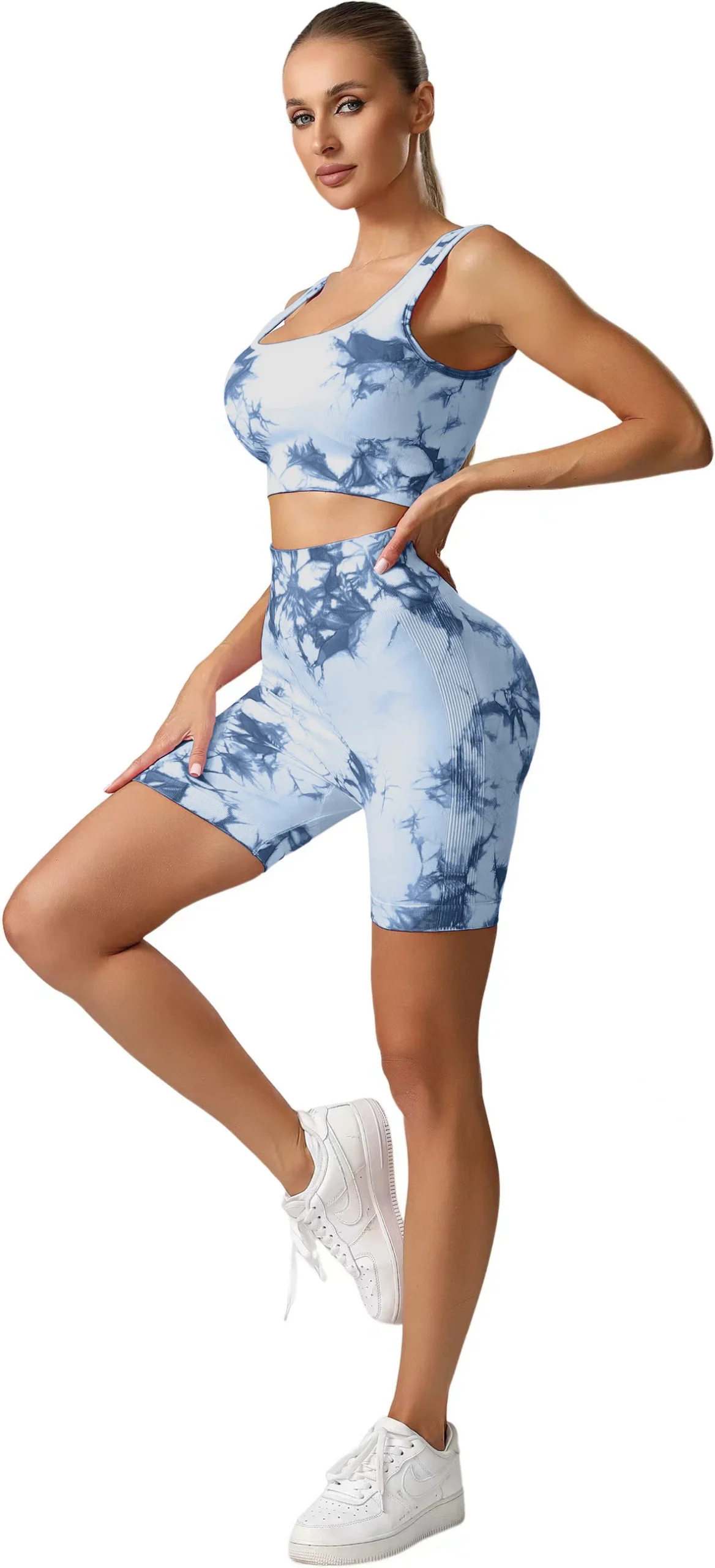 Hot Selling Trendy Multicolour 2 Piece Tie Dye Yoga Set High Waist Seamless Shorts with Sports Bra for Women - Image 6