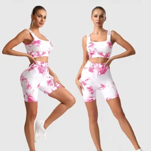 Hot Selling Trendy Multicolour 2 Piece Tie Dye Yoga Set High Waist Seamless Shorts with Sports Bra for Women