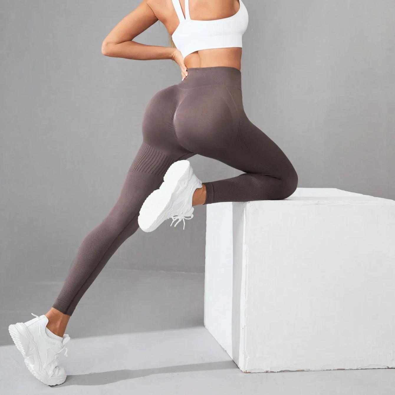 High Waist Seamless Taupe Workout Leggings Body Shaping Compression Pants for Fitness - Image 4