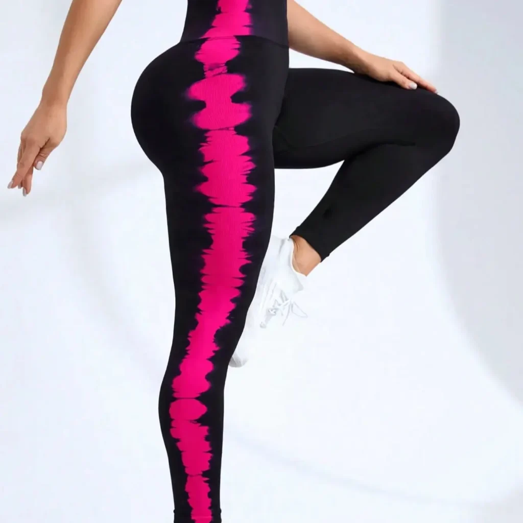 High Waist Tie Dye Seamless Yoga Leggings for Women Black with Side Pink Striped Push-up Effect High Quality Leggings