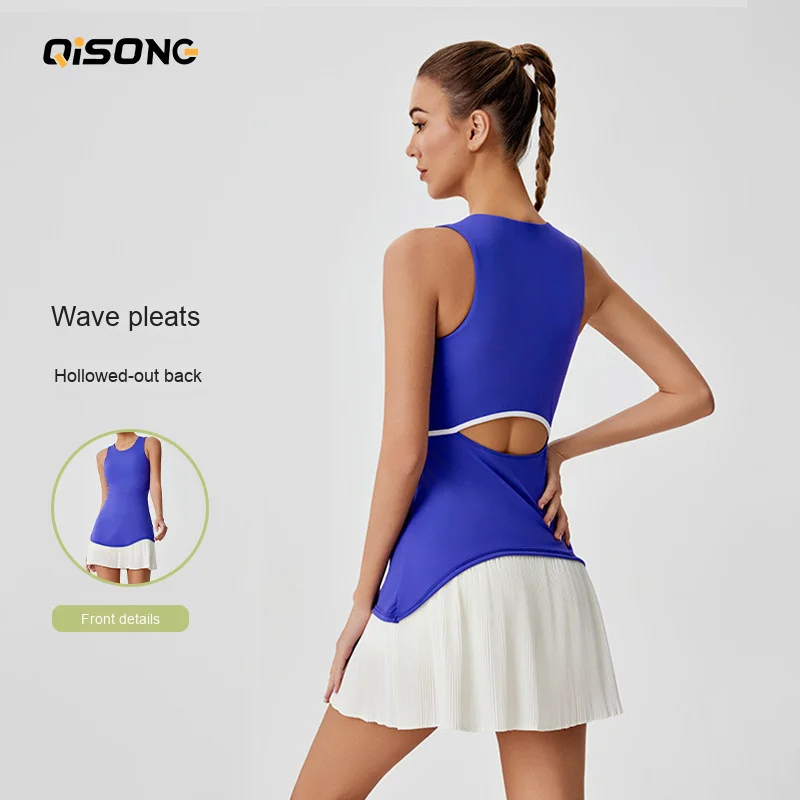 Summer Sports Sets Quick-Dry Feather Tennis Dress Pleated Hem Backless Yoga Jumpsuit Anti-Exposure Hollow-Out - Image 2
