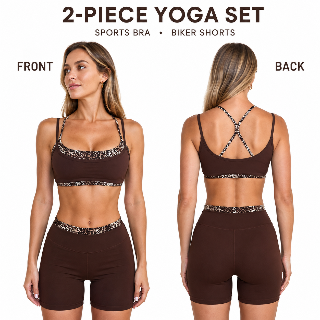 Leopard Trim Strappy Back Sports Bra High Waist Shorts 2 Piece Yoga Set Custom Logo Low MOQ Fitness Activewear - Image 2