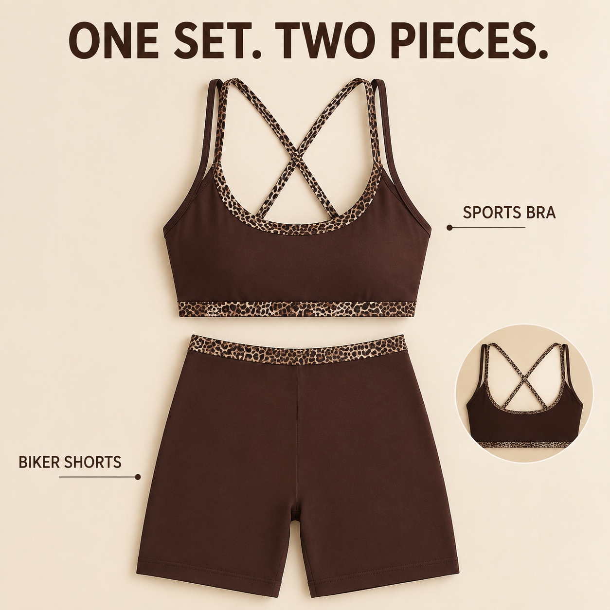 Leopard Trim Strappy Back Sports Bra High Waist Shorts 2 Piece Yoga Set Custom Logo Low MOQ Fitness Activewear - Image 4