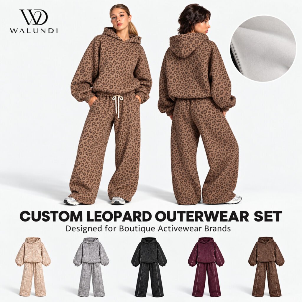 Leopard Print Fleece-Lined Hooded Jacket Wide Leg Pants 2 Piece Set Contrast Piping Custom Logo Private Label Fitness Wear