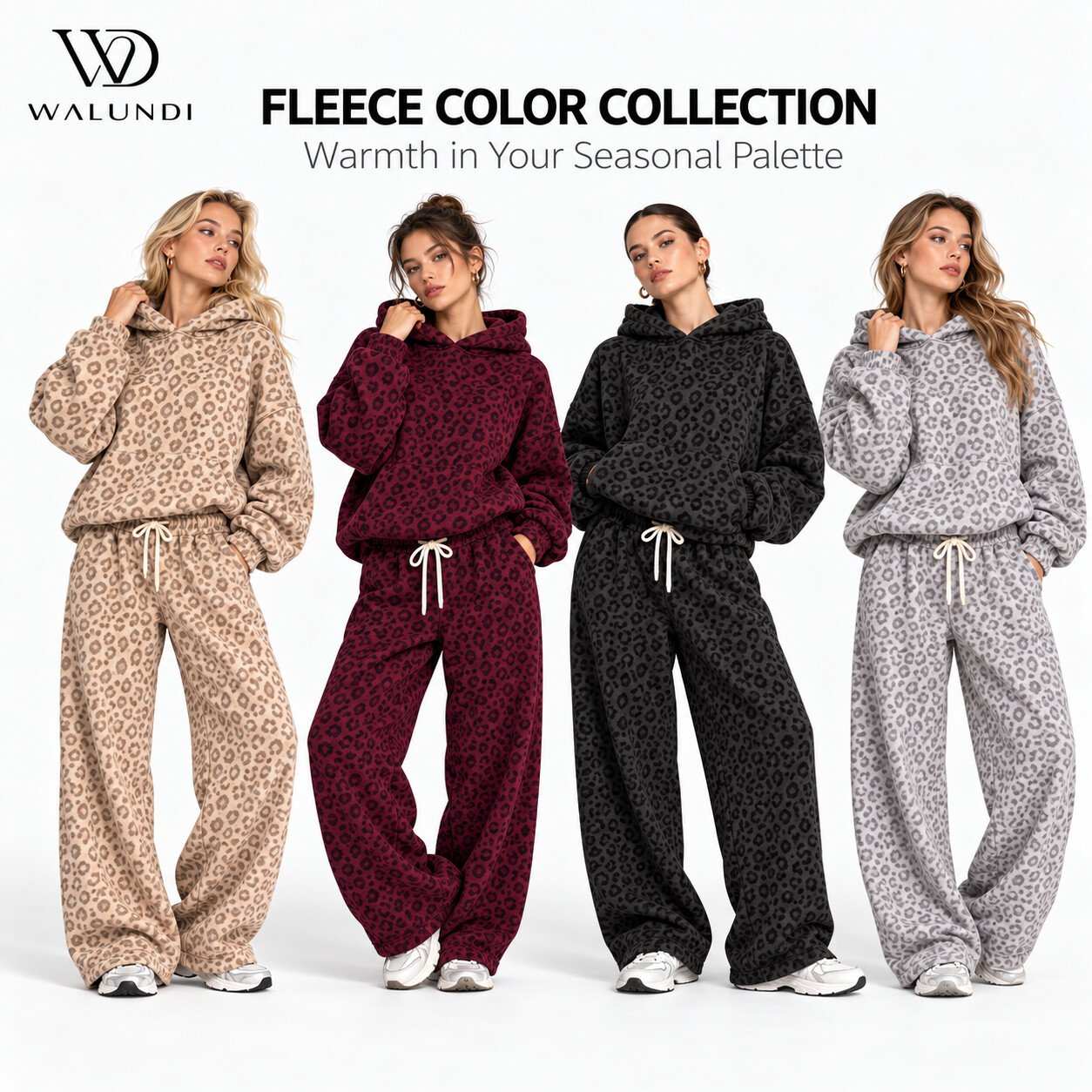 Leopard Print Fleece-Lined Hooded Jacket Wide Leg Pants 2 Piece Set Contrast Piping Custom Logo Private Label Fitness Wear - Image 3