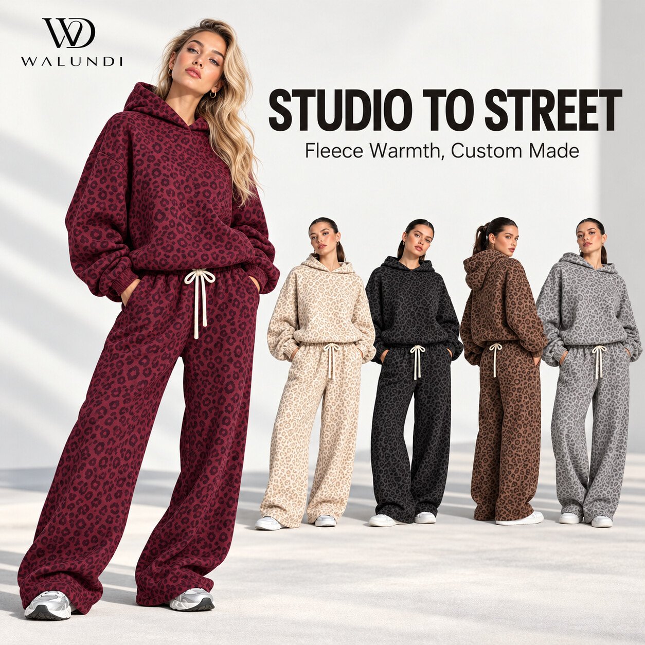 Leopard Print Fleece-Lined Hooded Jacket Wide Leg Pants 2 Piece Set Contrast Piping Custom Logo Private Label Fitness Wear - Image 4