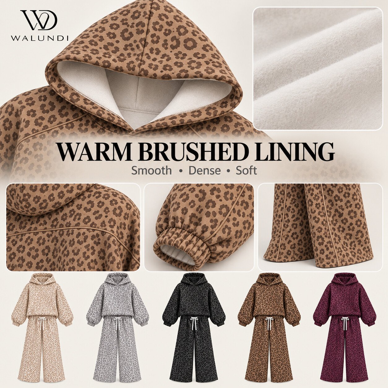 Leopard Print Fleece-Lined Hooded Jacket Wide Leg Pants 2 Piece Set Contrast Piping Custom Logo Private Label Fitness Wear - Image 6